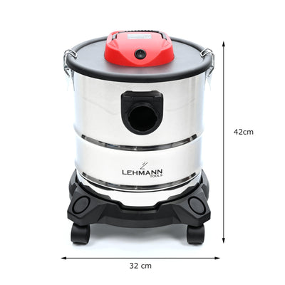 Lehmann Haddo Industriestaubsauger 2000W | Aschesauger für Kamin mit Doppelfilteranlage | Kaminsauger Ascheschlucker | Nass Trockensauger mit 20 Liter Edelstahltank, Silber