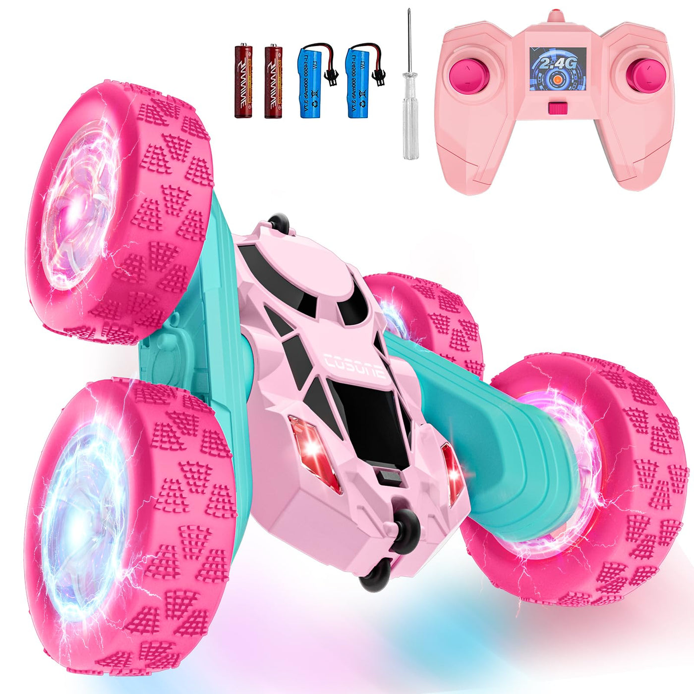 cosone Rosa Ferngesteuertes Auto für Mädchen 6-12 Jahre alt Stunt RC Auto mit LED Blinken 2.4Ghz 4WD 360° Flip RC Car für Kinder Geschenke