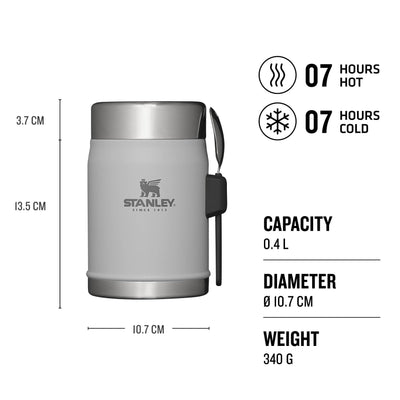 Stanley Classic Legendary Thermobehälter für Essen mit Göffel 400 ml - Hält 7 Stunden Heiß oder Kalt - Edelstahl Warmhaltebehälter Essen - BPA-Frei - Spülmaschinenfest - Ash