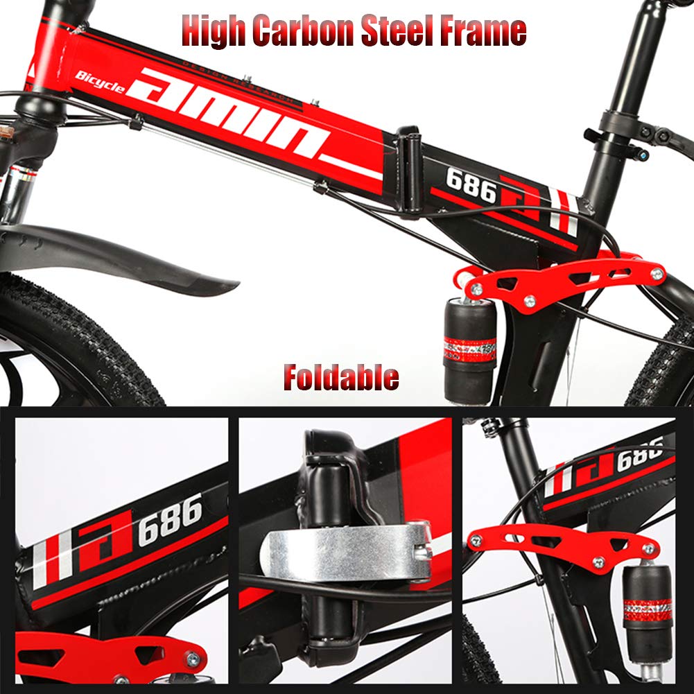 Wmmner Faltbares Mountainbike mit doppelter Federung, 66 cm (26 Zoll), für Erwachsene und Männer, Mountainbike, Geländefahrrad, für Jungen und Mädchen mit Scheibenbremse, Stahlrahmen mit hohem