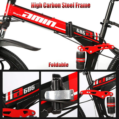 Wmmner Faltbares Mountainbike mit doppelter Federung, 66 cm (26 Zoll), für Erwachsene und Männer, Mountainbike, Geländefahrrad, für Jungen und Mädchen mit Scheibenbremse, Stahlrahmen mit hohem