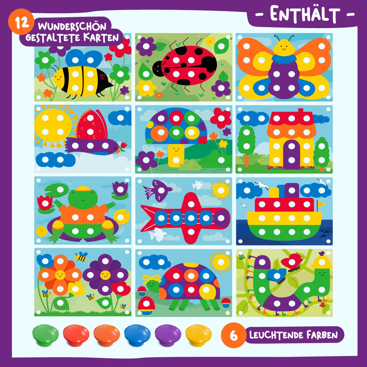 Nene Toys Holz-Steckspiel für Kleinkinder ab 2 Jahren - Mosaik Steckspiel für Kinder 2 3 Jahre - Montessori Spielzeug mit Bunten Knöpfen & Zuordnungskarten - Lernspiele für 2 jährige Jungen Mädchen