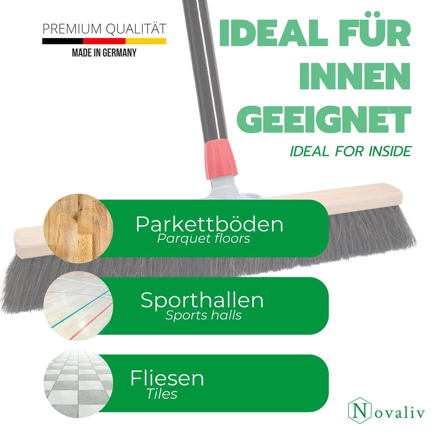 Novaliv Saalbesen 40 cm mit Stiel Borsten Rosshaarbesen Besen fein mit stiel Ideal als Werkstattbesen Hallenbesen Industriebesen Hausbesen Naturhaarbesen Zimmerbesen Haarbesen Stubenbesen Besen weich