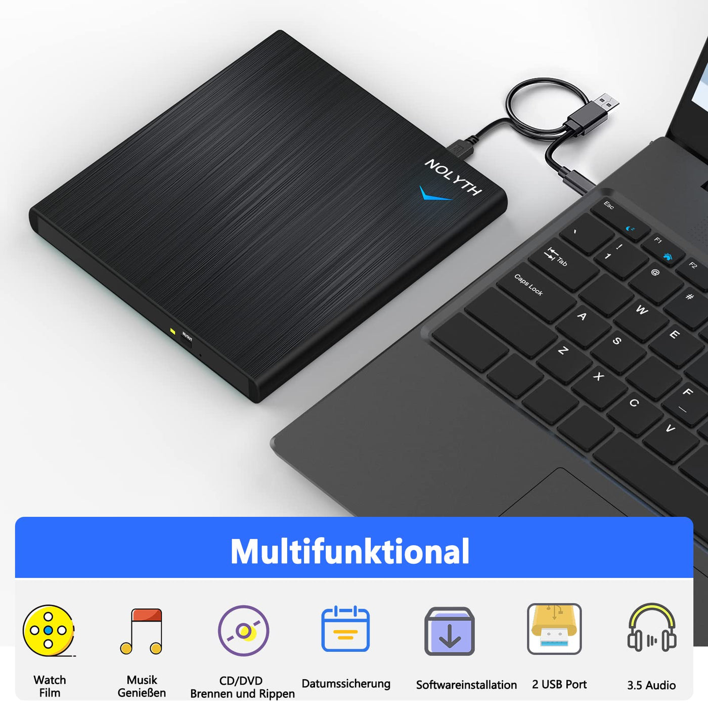 NOLYTH Externes DVD Laufwerk Extern, Externes CD Laufwerk Extern USB mit 1 Audio 2 USB Slots, Externe Optische Laufwerke DVD Brenner Extern Externes Laufwerk für Laptop Mac PC MacBook Windows