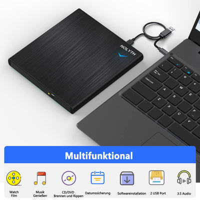 NOLYTH Externes DVD Laufwerk Extern, Externes CD Laufwerk Extern USB mit 1 Audio 2 USB Slots, Externe Optische Laufwerke DVD Brenner Extern Externes Laufwerk für Laptop Mac PC MacBook Windows