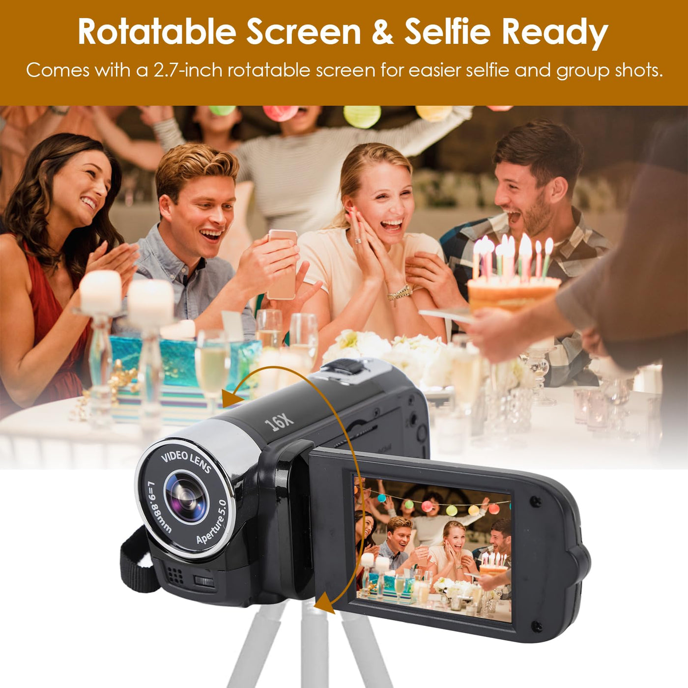 Videokamera für Vlogging, 1080P Full HD-Camcorder, 16 MP 16-facher Digitalzoom, Drehbarer 2,7-Zoll-TFT-Bildschirm, mit Fülllicht und USB-Anschluss (Schwarz)