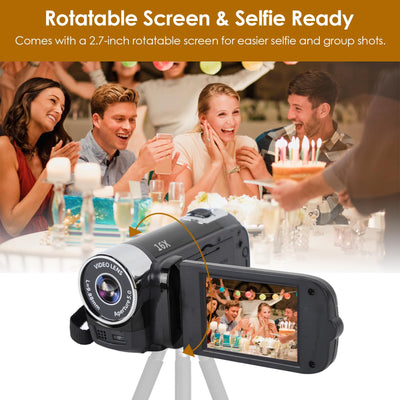 Videokamera für Vlogging, 1080P Full HD-Camcorder, 16 MP 16-facher Digitalzoom, Drehbarer 2,7-Zoll-TFT-Bildschirm, mit Fülllicht und USB-Anschluss (Schwarz)