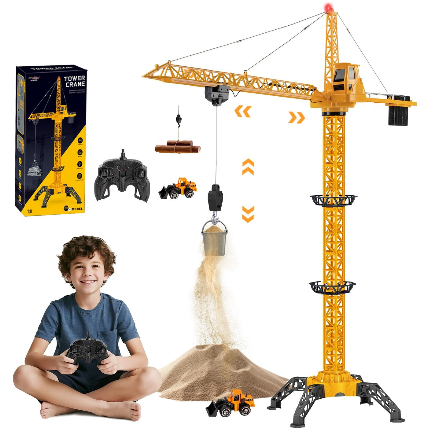 JONRRYIN Ferngesteuerte Turmkran 138 cm Höhe, 2,4 Hz 6 Kanäle RC Kran, 680 Grad Rotation Ferngesteuerte Baukran Tower Crane mit Lichter für Kinder (Gelb)