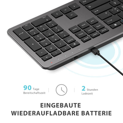 iClever GK08 Wireless Keyboard and Mouse - 2.4G Ultraslim Rechargeable Wireless Keyboard Mouse Set for PC, Desktop, Notebook, Laptop, Windows Mac OS, QWERTZ Layout, Black and Grey