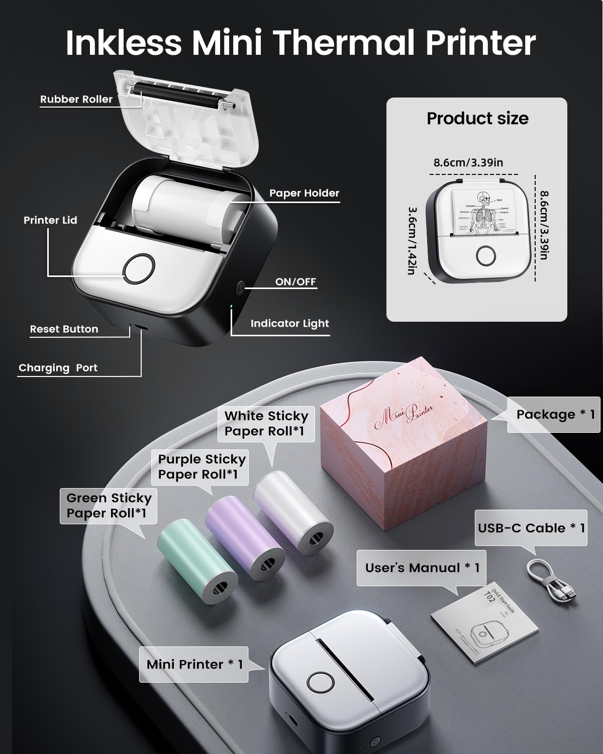 Mini Drucker für Smartphone - Aufkleber Drucker T02 Tragbarer Minidrucker Tintenloser Print Pods Bluetooth Taschendrucker Telefondrucker für Studiengrafiken, Anatomische Diagramme, Fotos, Journal