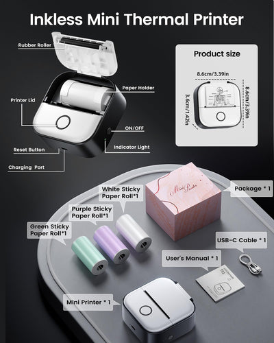 Mini Drucker für Smartphone - Aufkleber Drucker T02 Tragbarer Minidrucker Tintenloser Print Pods Bluetooth Taschendrucker Telefondrucker für Studiengrafiken, Anatomische Diagramme, Fotos, Journal