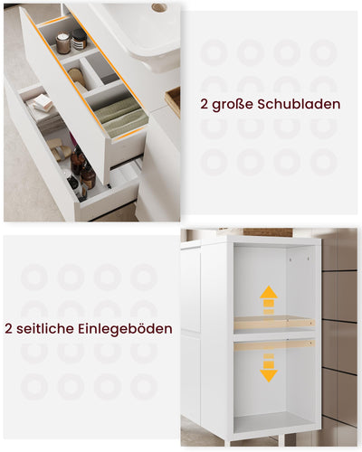 KIMENICH Waschbeckenunterschrank, Badezimmerschrank mit 2 großen Schubladen, Transformierbarer Unterschrank, Verstellbare Ablage, Viel Stauraum, 80 * 30 * 66cm, Weiß
