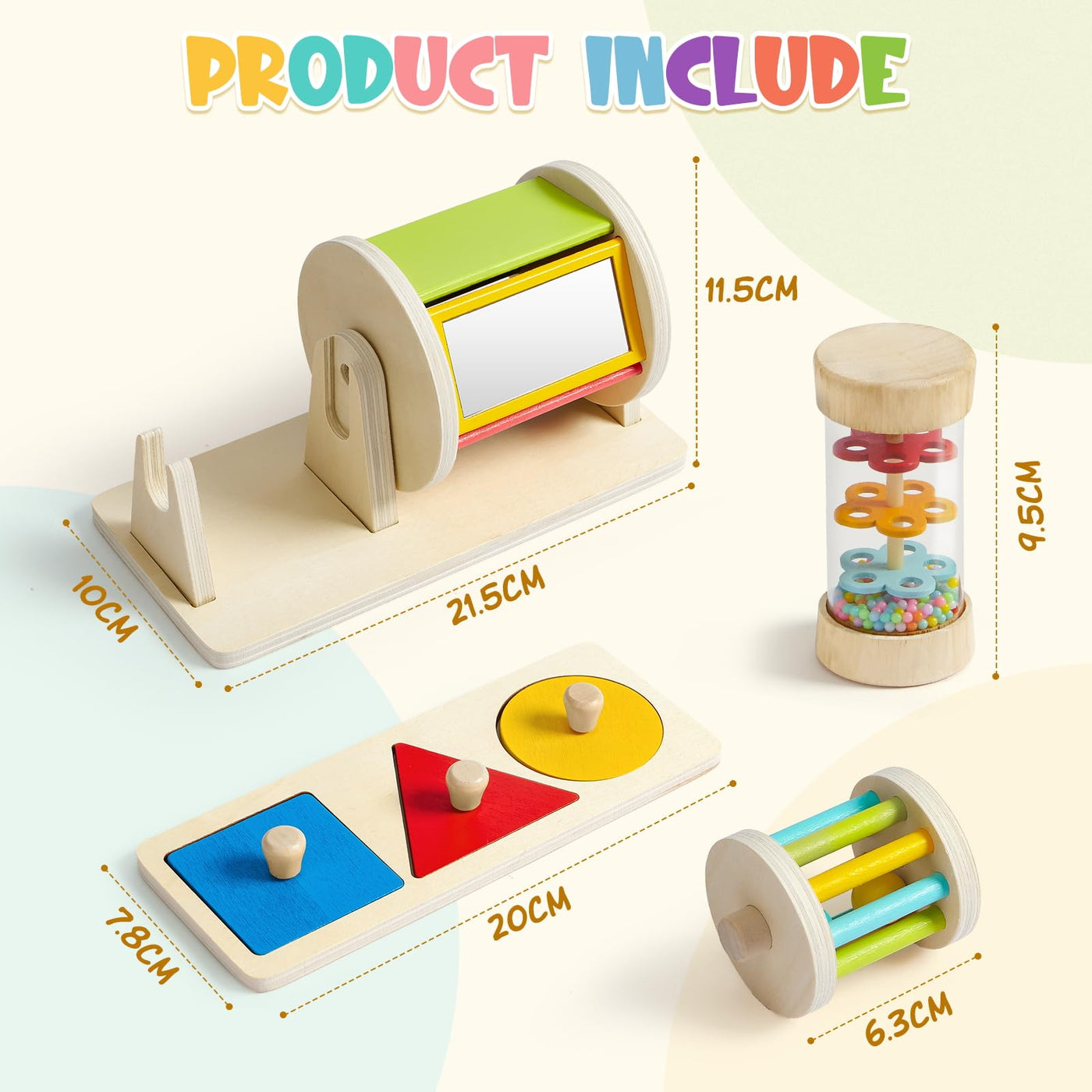 Atoylink Montessori Baby Spielzeug ab 0 3 6 9 Monate, Sensorik Spielzeug mit Spinning Drum & Regenmacher Baby & Steckpuzzle, Holzspielzeug Motorikspielzeug Babyspielzeug Geschenk 1 Jahr