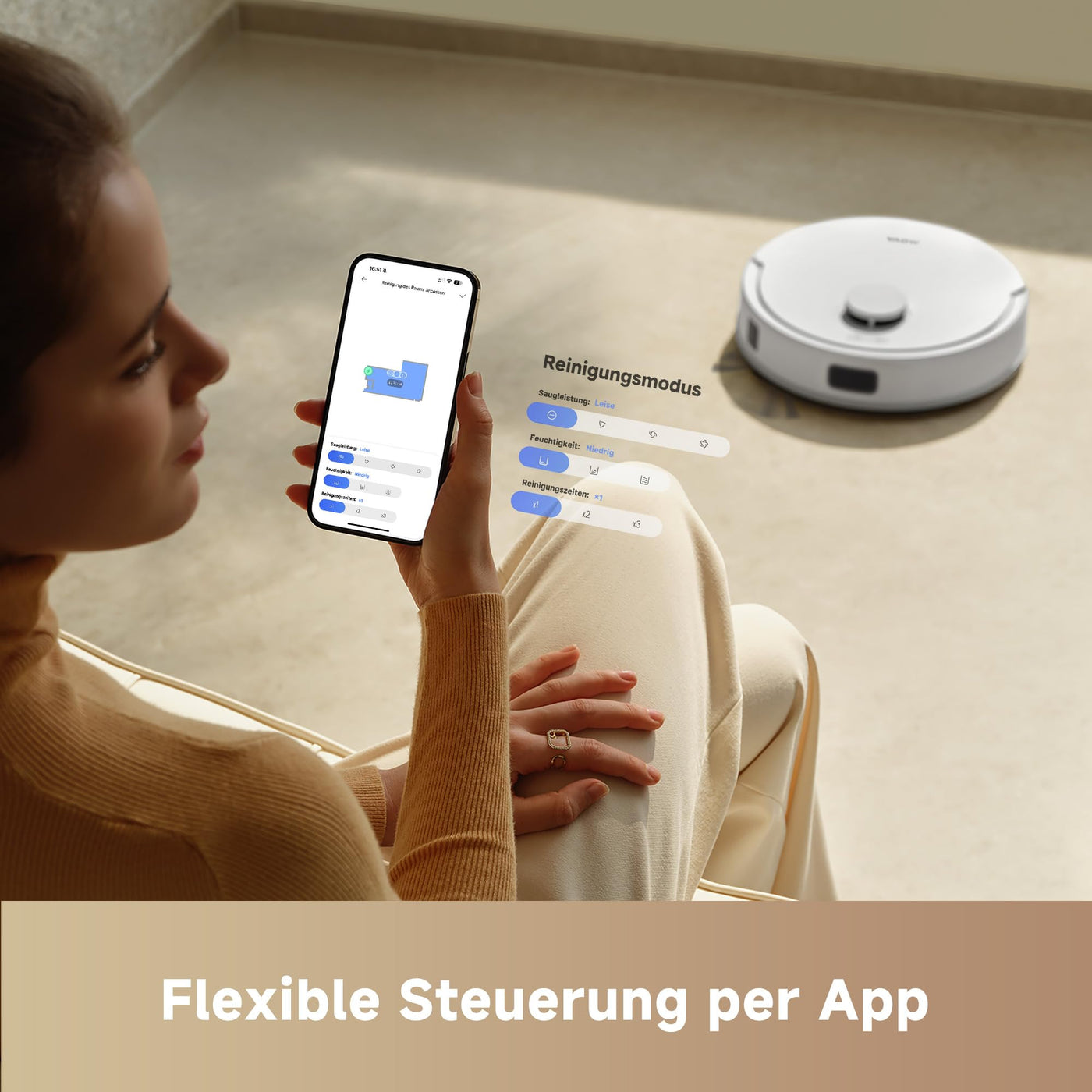 Mova E20 Saugroboter mit Wischfunktion, LDS-Navigation, 5.000 Pa Saugkraft, 2-in-1 Staubsaugen und Wischen, Kompakte Bauweise