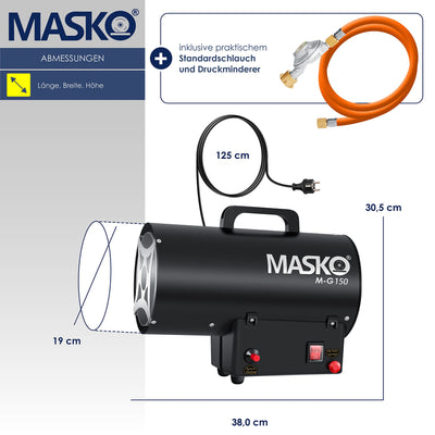 Masko® Gasheizgebläse Gasheizer Heizkanone Gasheizstrahler 15 KW Bauheizer Gas Heizgerät heizstrahler Heißluftgenerator inkl. Gasschlauch & Druckminderer Heizgebläse für handelsübliche Gasflaschen