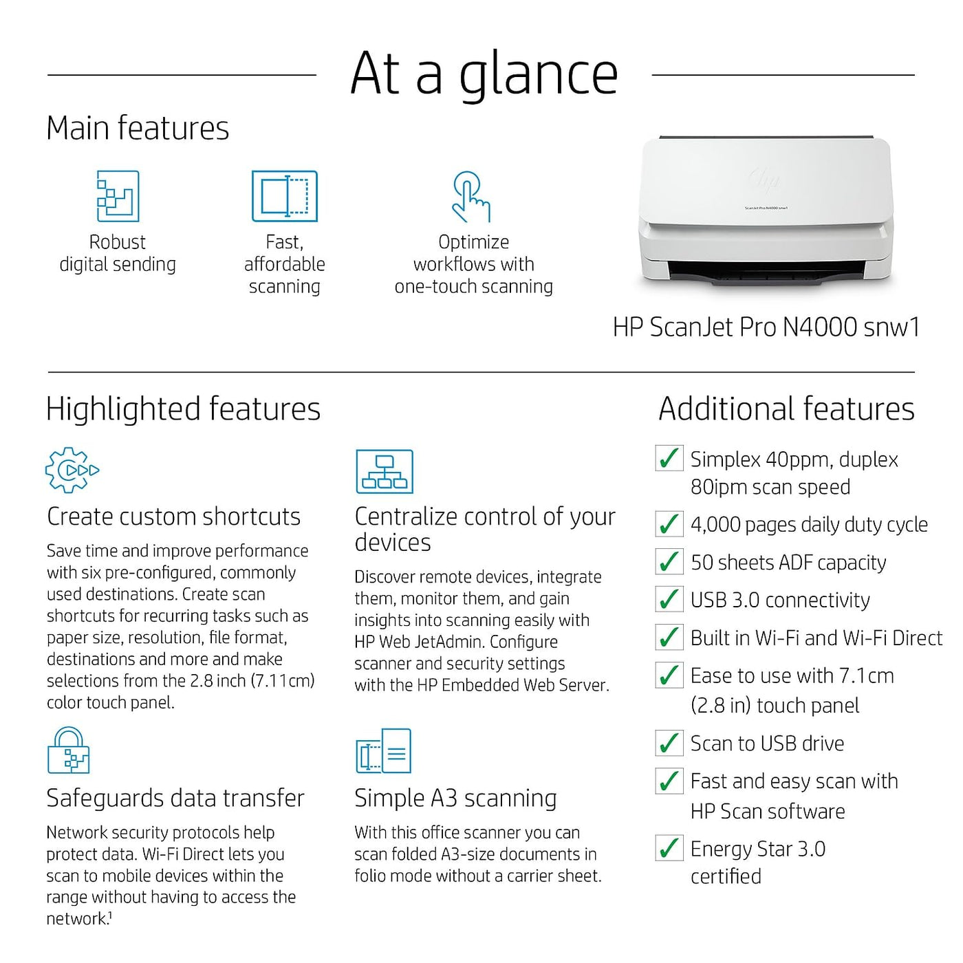 HP Scanjet Pro N4000 snw1 Sheet-Feed - Dokumentenscanner - Desktop-Gerät - USB 3.0, LAN, Wi-Fi(n)