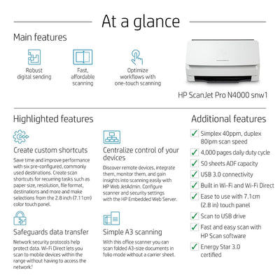 HP Scanjet Pro N4000 snw1 Sheet-Feed - Dokumentenscanner - Desktop-Gerät - USB 3.0, LAN, Wi-Fi(n)