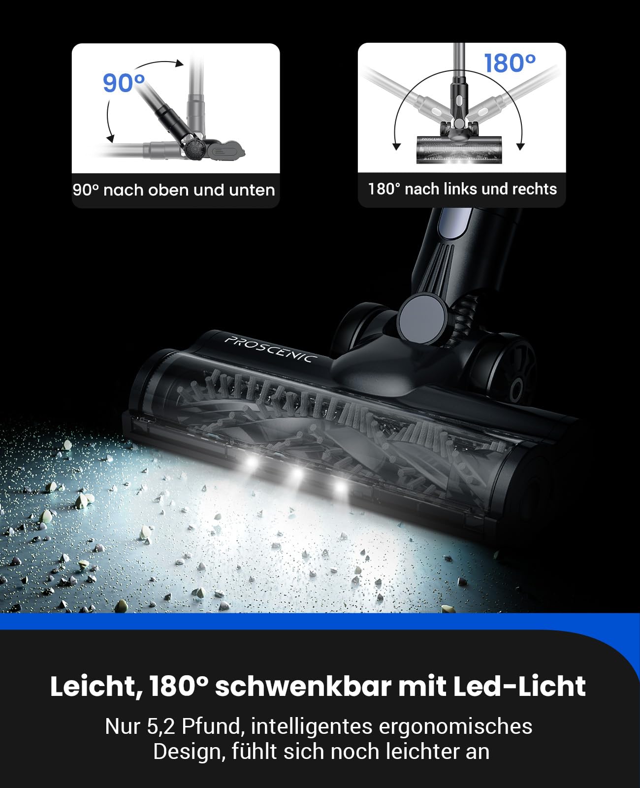 Proscenic P11 Mopping Akku Staubsauger kabellos mit Wischfunktion, 35KPA/500W/50Min Staubsauger und Mop 2 in 1, Akkusauger Kabellos Anti-Tangle für Teppich/Vorhang/Haustierhaarn