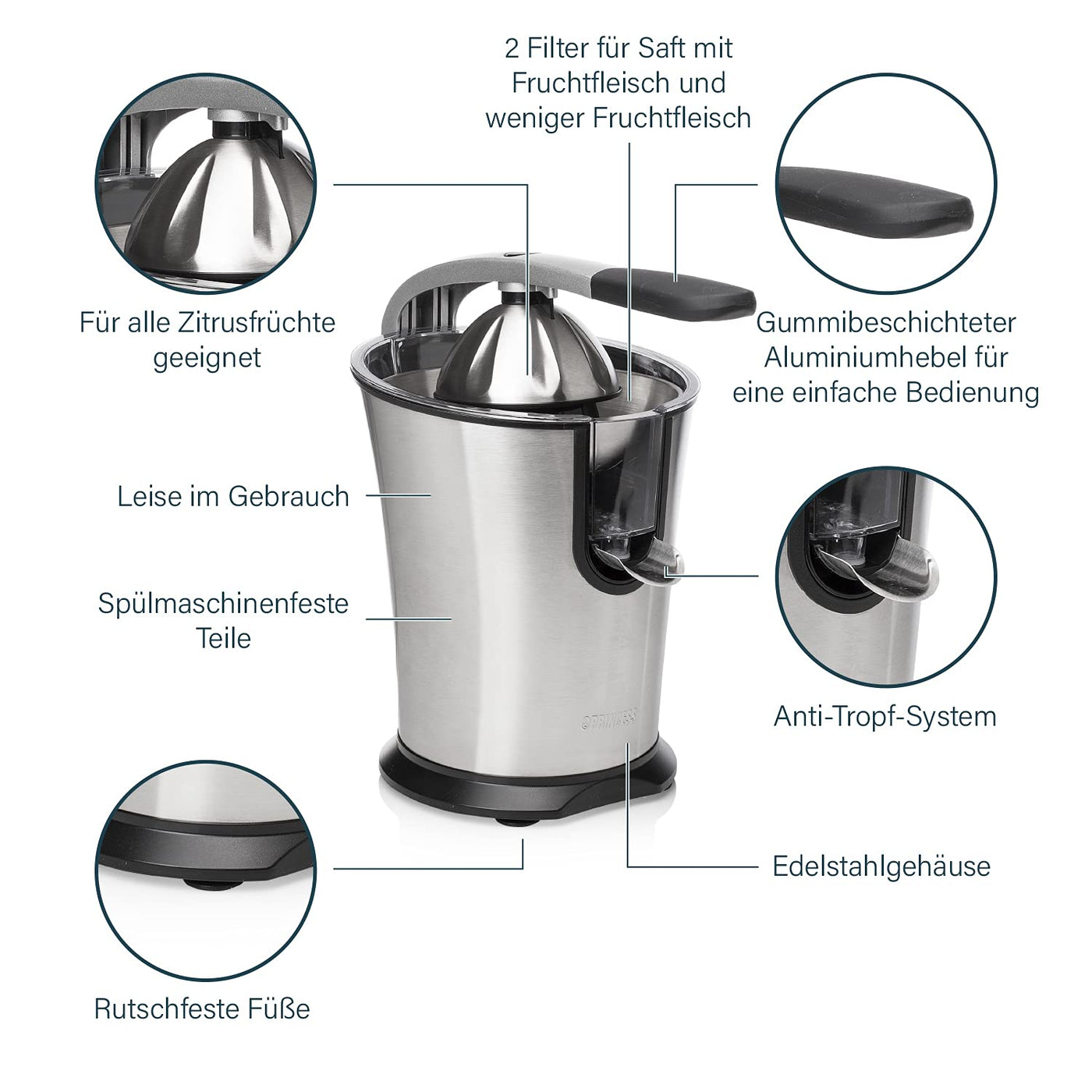 Princess Master Juicer Pro – Edelstahl Presskegel – Rostfreier Edelstahl – 201860 – Silber