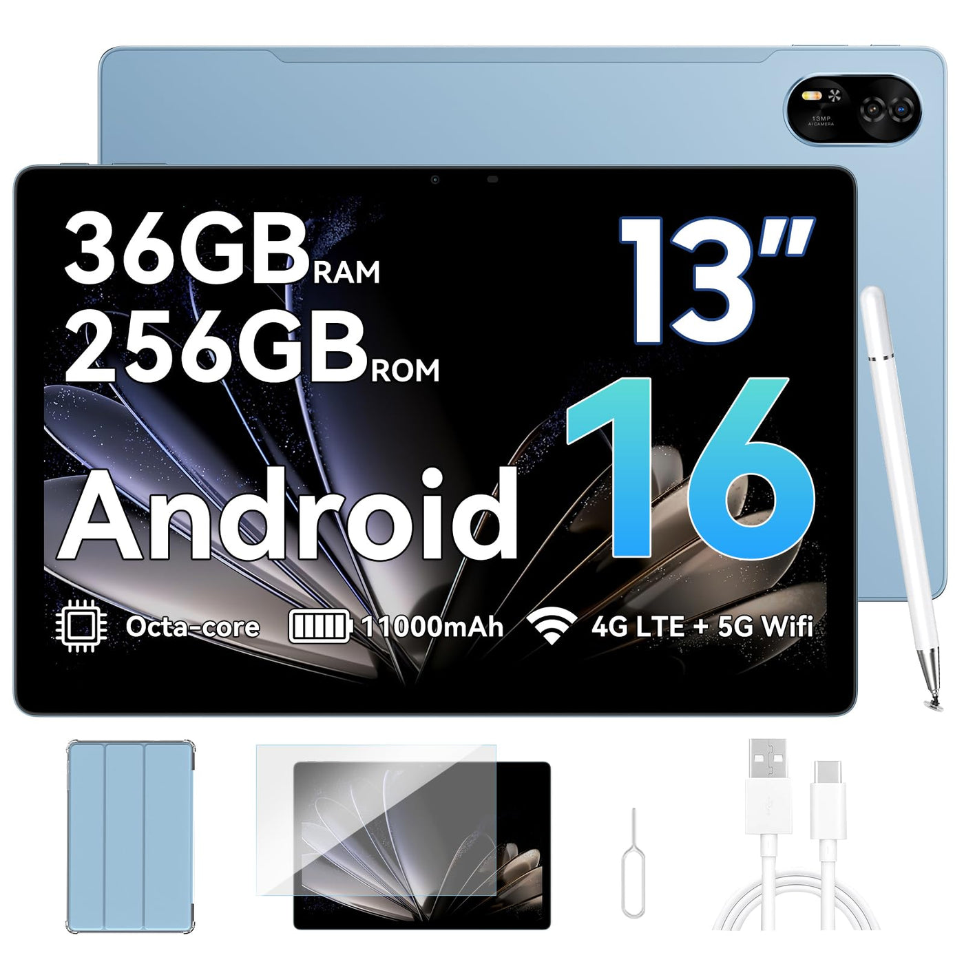 Blackview MEGA8 Android 16 Tablet 13 Zoll,36GB RAM+256GB ROM,90Hz 2K FHD Großes Display,4G LTE + 5G WiFi Gaming Tablet PC,Octa Core T620,50MP+13MP Dual AI Camera,11000mAh Akuu,Face ID