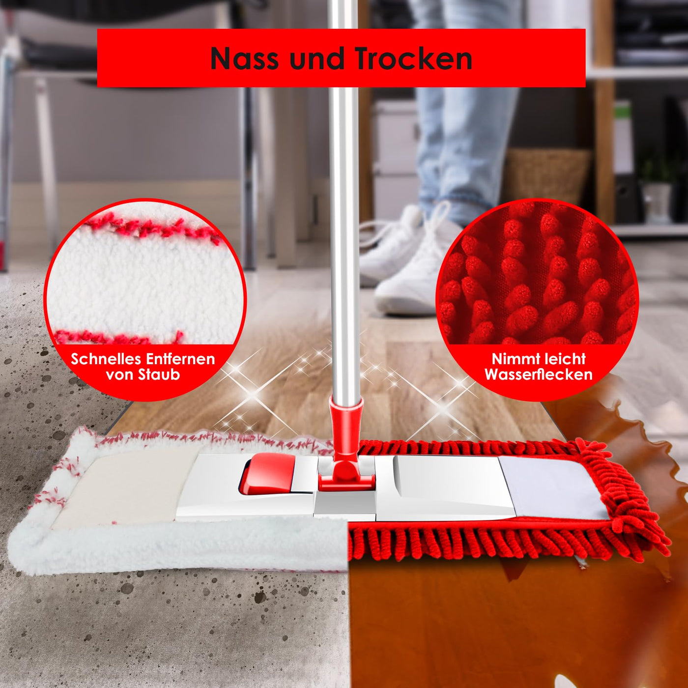 HEVOL Flach Wischmopp,Chenille Mikrofaser Bodenwischer mit 125cm Edelstahlgriff und 4 Wischpads,Flachmopp für Hartholz, Laminat, Fliesenboden,Senden 1 Schaber