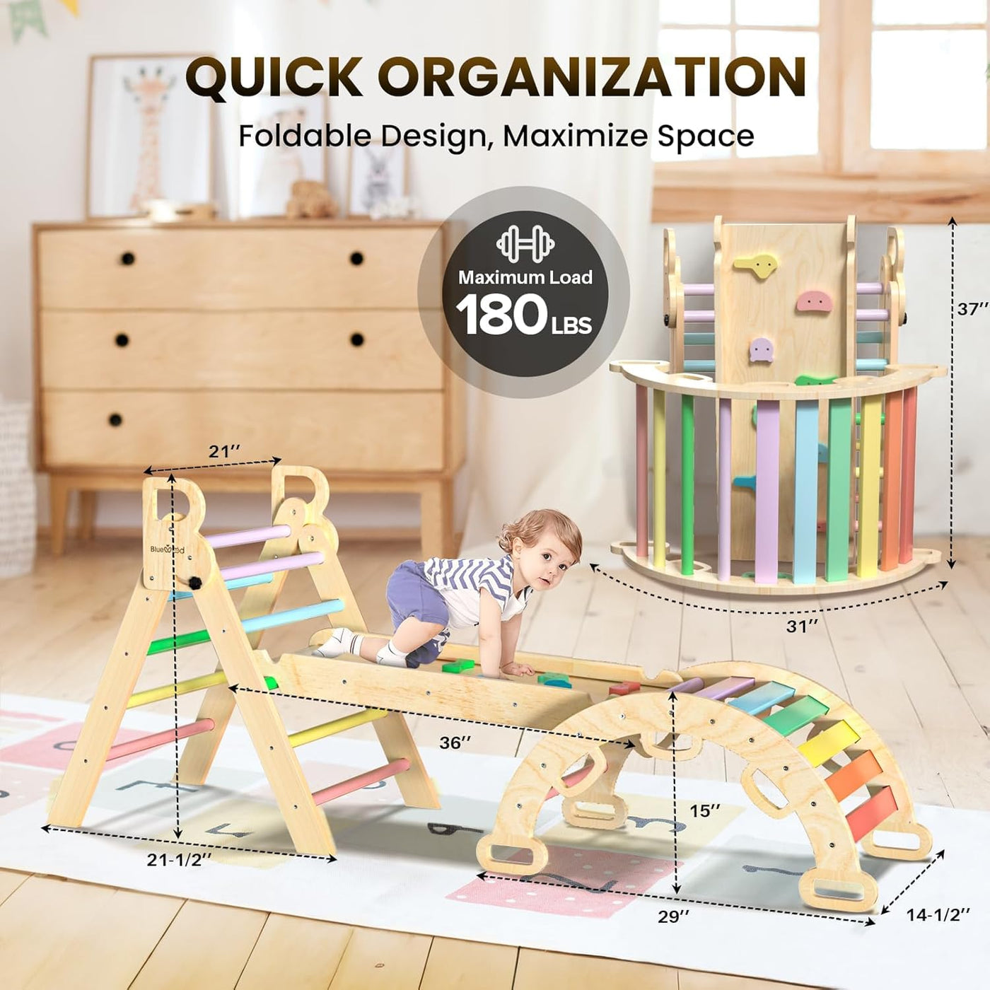 BlueWood 7-in-1 Montessori Kletterdreieck mit Kletterbogen und Rutsche, Holzdreieck für Kleinkinder, Indoor Kletterspielzeug für Kleinkinder, klettergerüst Indoor ab 1 Jahr