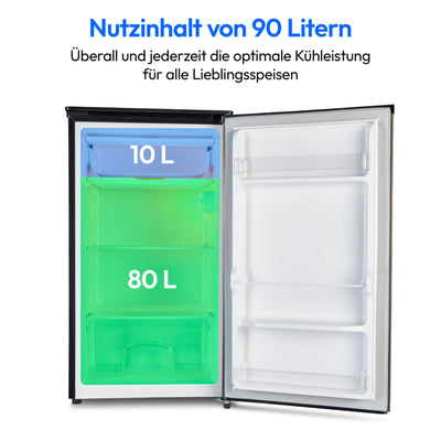 MEDION Kühlschrank mit Eiswürfelfach (90L Gesamt-Nutzinhalt 80L Kühlteil 10L Eiswürfelfach, transparente Gemüseschublade, freistehend, wechselbarer Türanschlag, höhenverstellbare Füße, MD37690) grau