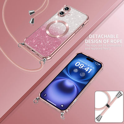 Phoona Handykette Hülle für iPhone 16 Plus mit Band kompatibel mit MagSafe, Luxuriöse Glitzer Beschichtung Magnetische Handyhülle für iPhone 16 Plus Stoßfest Schutzhülle, Rosa