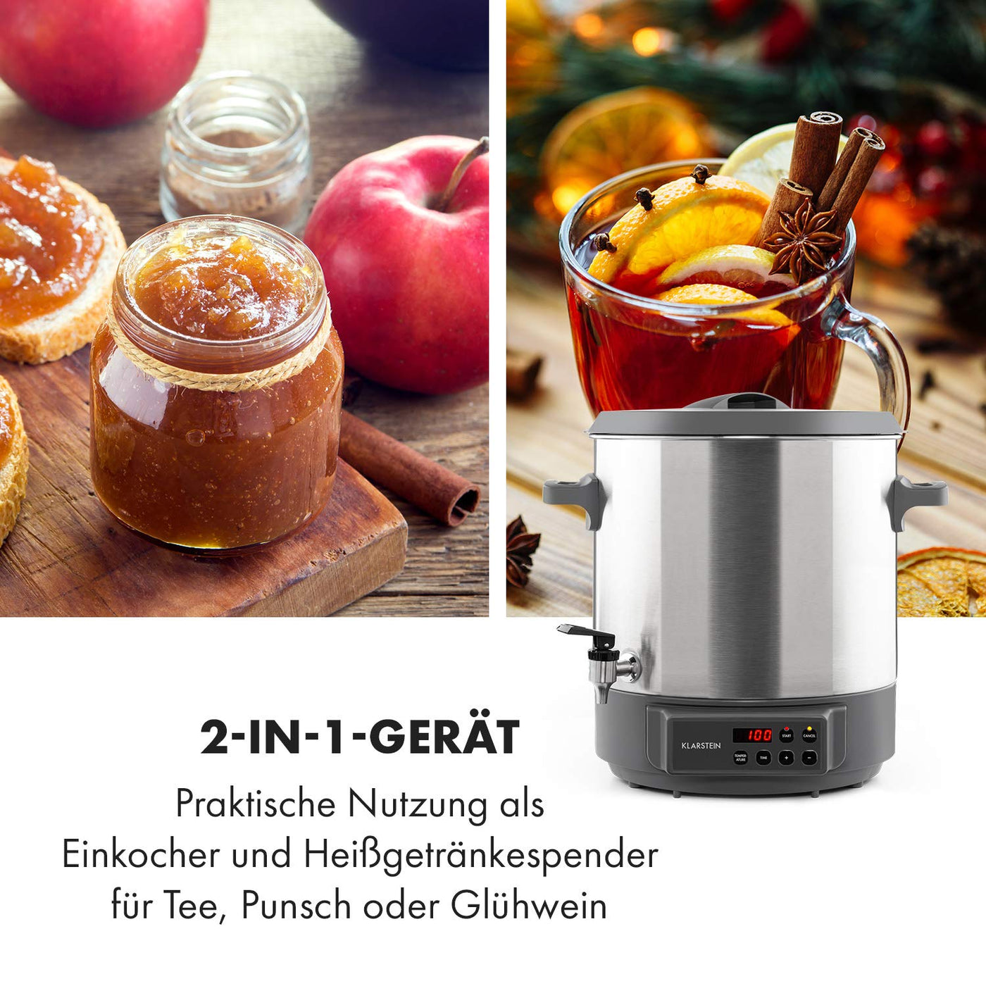 Klarstein Lady Marmalade Einkochautomat Einkochtopf Einkocher Heißgetränkespender, 27 Liter, 1800 Watt, 30-100 °C, Timer, Warmhalte-Funktion, Überhitzungsschutz, Edelstahl gebürstet
