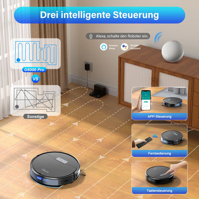 Tikom Saugroboter mit Wischfunktion 2 in 1, G8000 Pro Staubsauger Roboter, 4500Pa Starke Saugkraft Roboterstaubsauger, Selbstaufladend, WLAN, 150Mins Max, Ideal für Tierhaare, Teppich, Hartboden