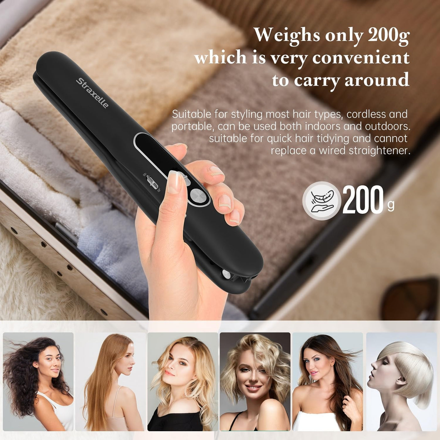 Straxelle Mini Glätteisen Kabellos 2 in 1 Glätteisen Locken und Glätten mit 5000mAh Reiseglätteisen 3 Einstellbare Temperaturen 175°C-215°C mit LED Anzeige für Frauen Männer (Weiß)