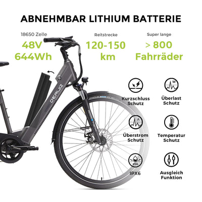 DERUIZ E-Bike 28 Zoll E Bike Damen Elektrofahrrad Herren Pedelec Citybike, 250W/48V/13,4AH 40N.m BAFANG Motor, Trekking Ebike Cityrad für Damen, 25km/h, QUARTZ Grey