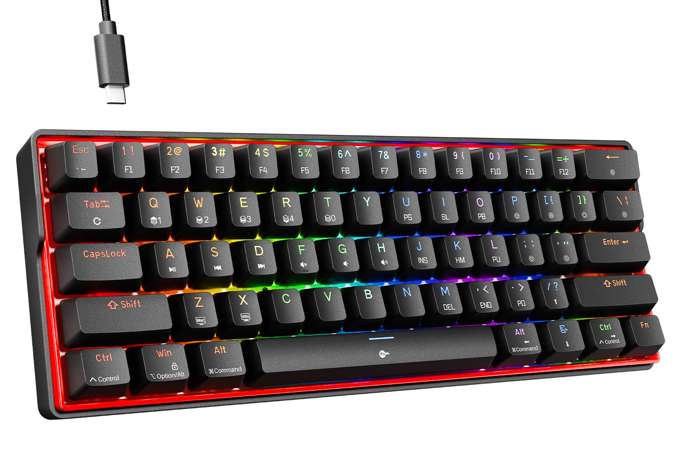 KEMOVE K61SE 60% mechanische Gaming-Tastatur mit linearen roten Schaltern, Anti-Ghosting LED-Hintergrundbeleuchtung Typ-C Datenkabel Ultrakompakte 61 Tasten Mini-Tastatur (Schwarze)