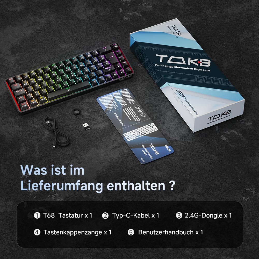 TMKB T68 Gaming Tastatur,60% Kabellos Mechanische RGB Tastatur mit Bluetooth/2.4G/Typ-C,Compact 68 Tasten Anti-Ghosting,Deutsches QWERTZ Layout,Blue Clicky Switch,Schwarz