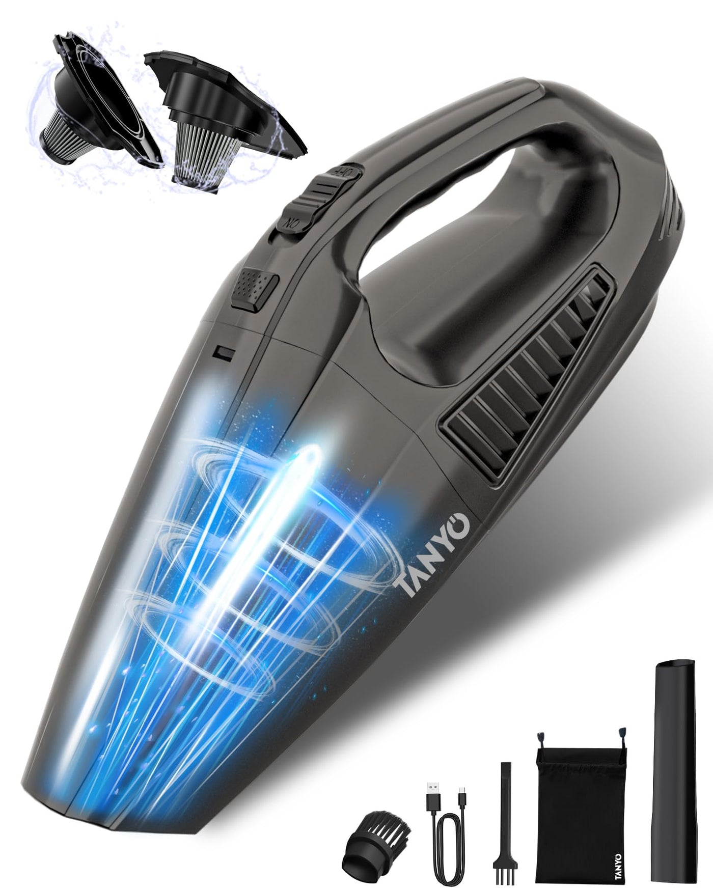 TANYO Handstaubsauger Akku, 12000Pa Handstaubsauger Kabellos 2000mAh Batterien Autostaubsauger Stark mit Waschbar HEPA Filter, Mini Staubsauger für Auto, Küche, Haus, Tierhaare Eisenhaltig