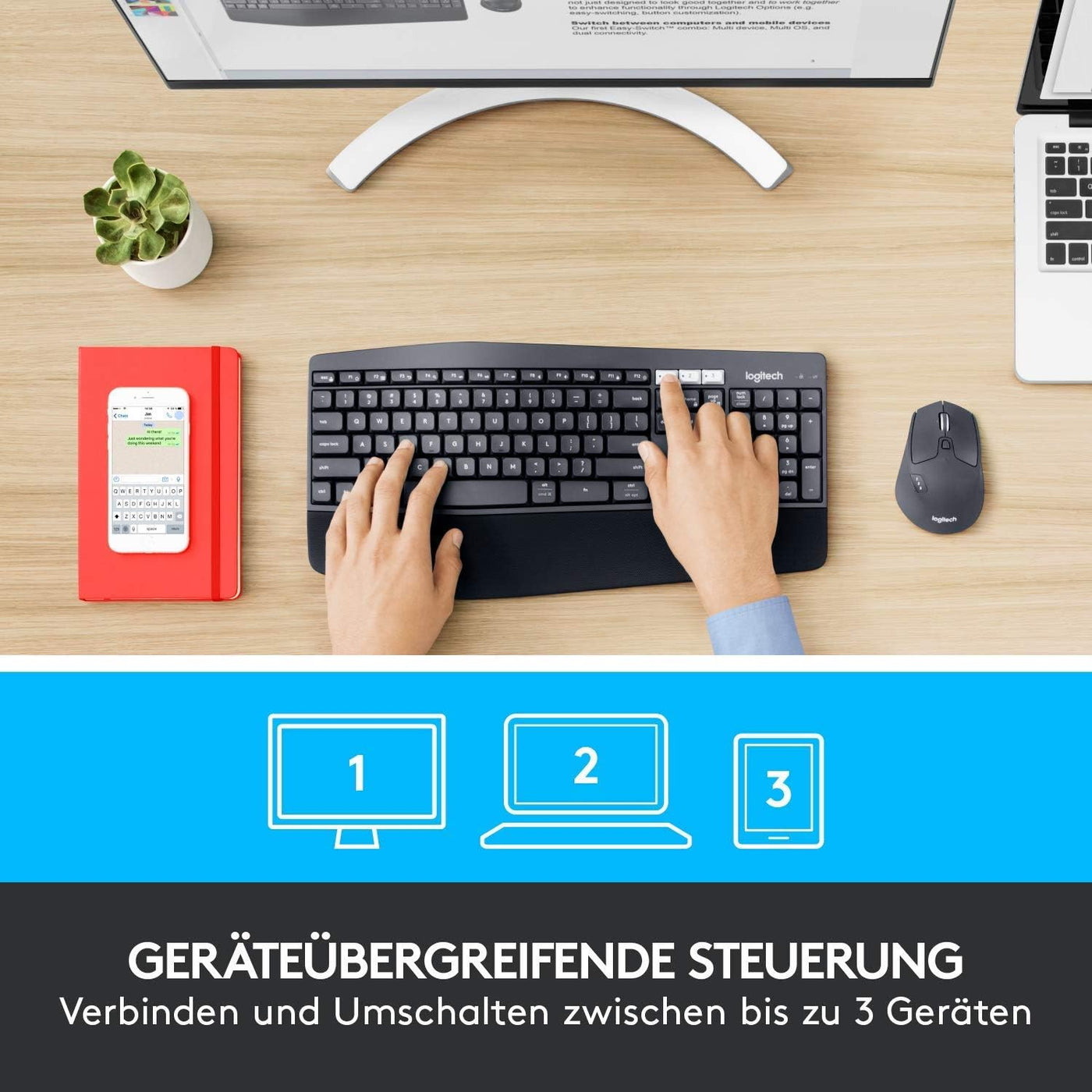 Logitech MK850 Performance Kabelloses Tastatur-Maus-Set, Bluetooth, 2.4 GHz Verbindung via USB-Empfänger, 24 bis 36-Monate Akkuleistung, Handballenauflage, Deutsches QWERTZ-Layout, Schwarz