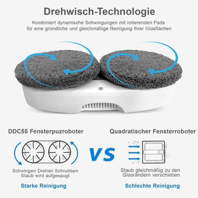 HUTT DDC55 Fensterputzroboter, Fensterputzer Elektrisch, Automatischer Fensterroboter, Fensterreiniger Roboter Fernbedienun, für Innenaußenfenster, Glas, Fliesen, 12x Stück Lappen