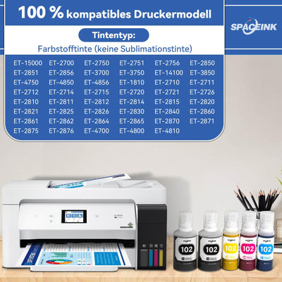 Spaceink Tinte 102 Multipack kompatibel für Epson ET-4850 ET-4750 ET-2850 ET-2750 ET-15000 ET-2700 ET-3700 ET-3850 ET-4856 ET-2751 ET-2756 ET-2851 ET-2856 Drucker (2Schwarz, C, M, Gelb)