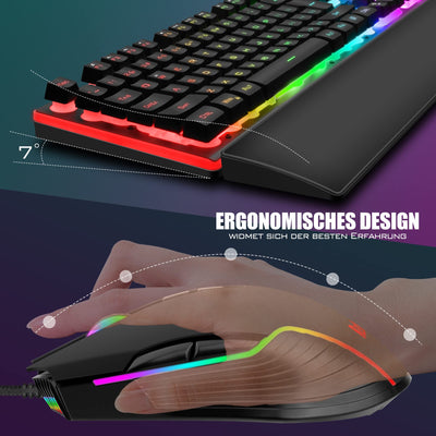 RedThunder K10 Gaming Tastatur und Maus Set, QWERTZ DE-Layout, Metallplatte und Handballenauflager,RGB-Hintergrundbeleuchtung und 7D mit Ergonomische für PC Gamer(Schwarz)