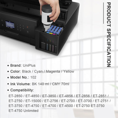UniPlus Tinte 102 ET-2850 ET-4850 ET-3850 ET-2856 ET-2750 Druckerpatronen Kompatibel für Epson 102 Multipack Refill Kompatibel für Epson Ecotank ET-4856 ET-15000 ET-4700 ET-3750 ET-4750 ET-4500 2756