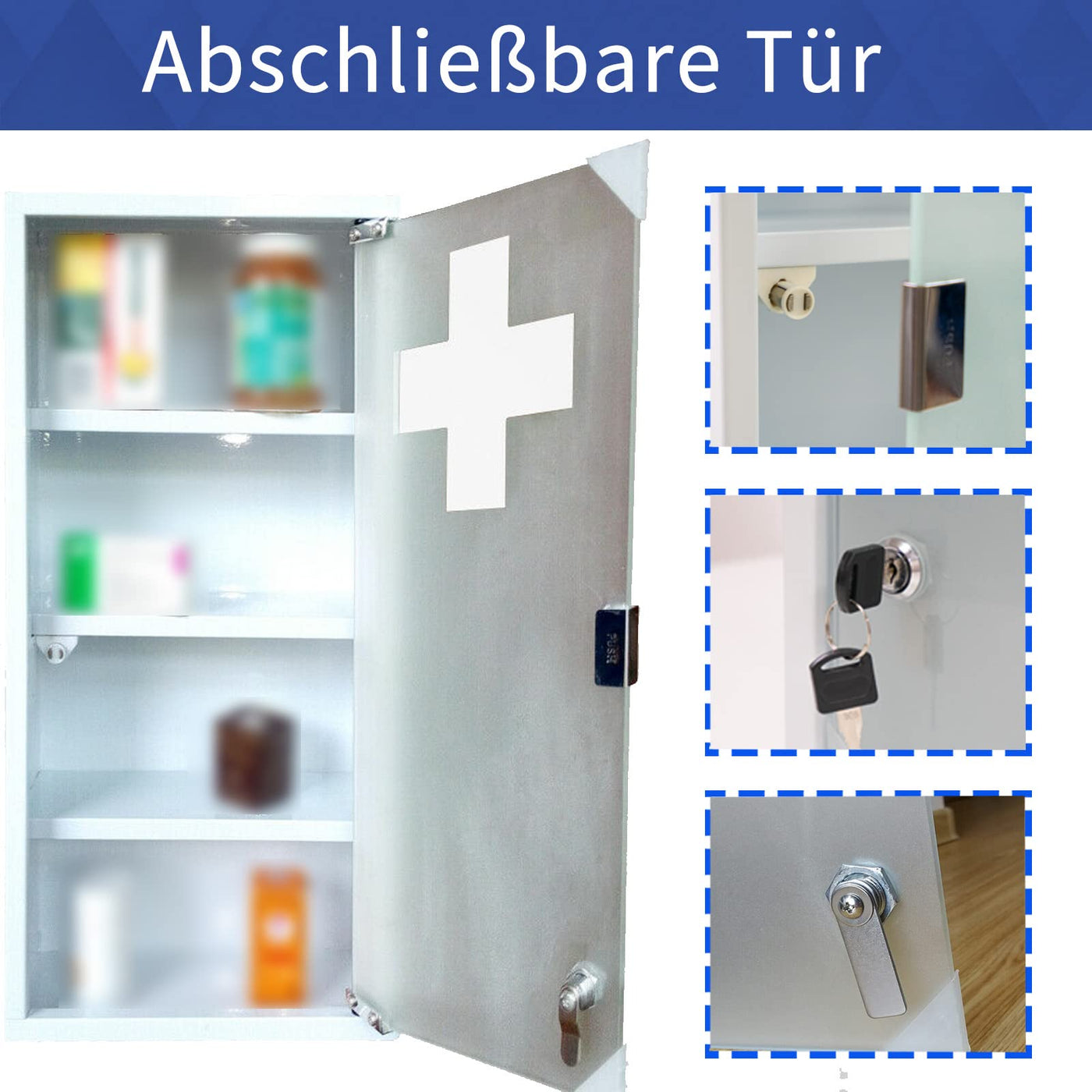 Style home Medizinschrank abschließbarer Arzneischrank 60x30x12cm, 4 Fächer, Metall Hausapotheke Medikamentschrank Erste-Hilfe-Schrank mit Glastür,inkl.2 Schlüsseln (Weiß)
