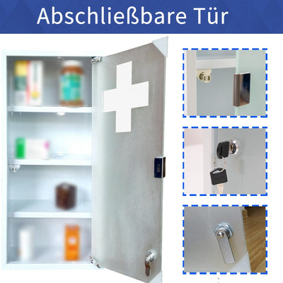 Style home Medizinschrank abschließbarer Arzneischrank 60x30x12cm, 4 Fächer, Metall Hausapotheke Medikamentschrank Erste-Hilfe-Schrank mit Glastür,inkl.2 Schlüsseln (Weiß)