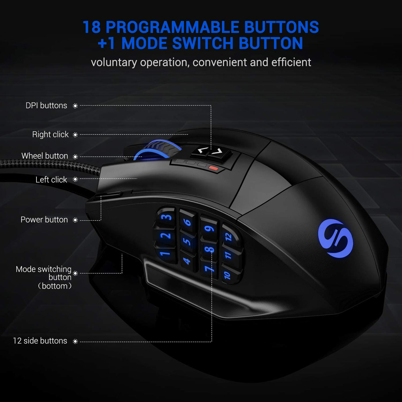 UtechSmart Venus -gaming maus 12 tasten mmo maus 16400 dpi USB Laser Gaming Mouse | 18 Tasten naga | 16400 dpi Abtastrate | High Precision | konfigurierbare LED-Farb-Beleuchtung | MMO Gaming