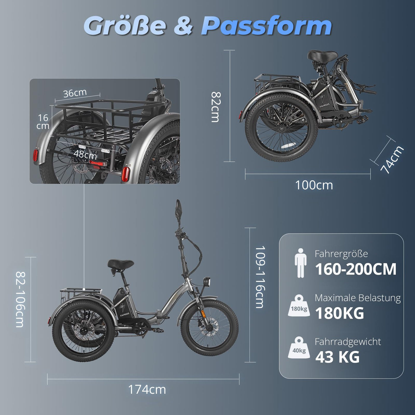 Fafrees F20 Mate Elektrische Dreirad 20 * 3.0 Zoll, 48V 21Ah Akku, e Bike klapprad 65N.m Motor, 3-Rad ebike 25km/h, Reichweite bis zu 55-110Km (Vorderer Korb + größerer hinterer Korb, Blau)