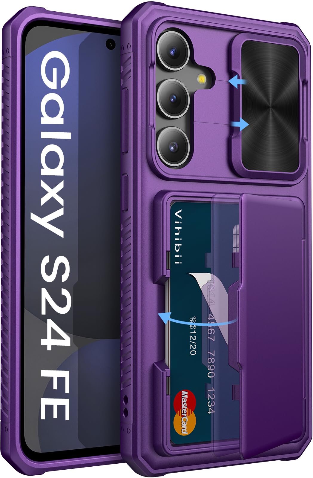 Vihibii für Samsung Galaxy S24 FE Hülle mit Kartenfach (4 Karten) [RFID Blocking] & Kameraschutz, Militärschutz Stoßfeste Handyhülle Kratzfeste Schutzhülle für Samsung S24 FE 6,7'', Dunkel Violett