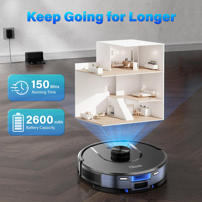 Tikom Saugroboter mit Wischfunktion, L8000 Staubsauger Roboter mit LiDAR-Navigation, 45dB Roboterstaubsauger, 150 Mins Max, 14 No-Go-Zonen, 20 Virtuelle Wand, Gut für Tierhaare, Teppich, Hartboden