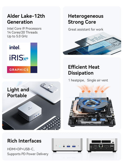 MINIS FORUM UN1290 Mini-PC, Intel Core i9 12900HK, 32 GB RAM, 1 TB SSD, 14 Core/20 Thread Desktop-PC, HDMI 2.0/USB-C/DP 1.4, 2,5 G RJ45 LAN, 5 USB-Anschlüsse, Wi-Fi 6