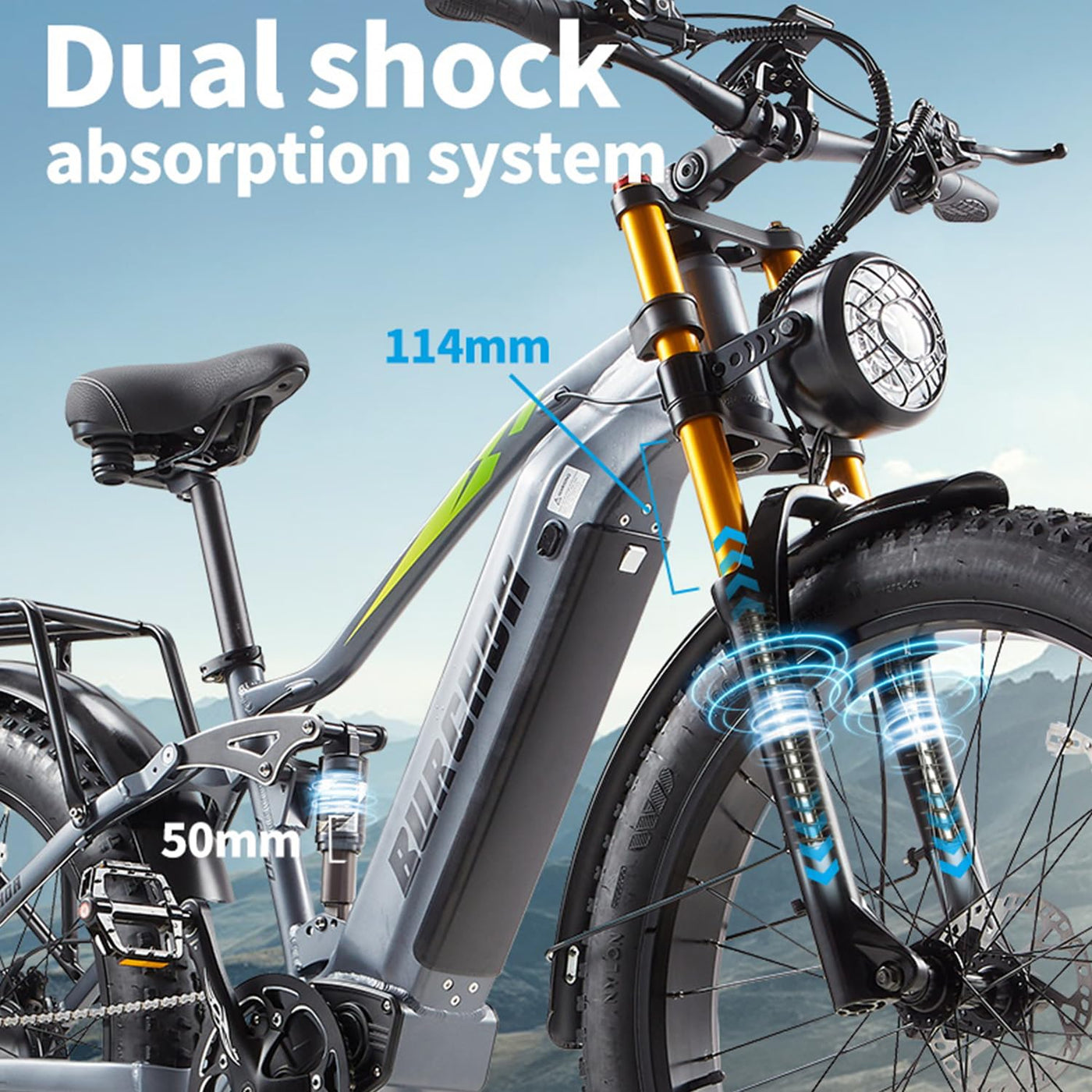 BURCHDA RX80 Elektrisches Mountainbike für Erwachsene, 26 Zoll 4.0 Fat Tire, 48V20AH Batterie 7-Gang Öl-Doppelbremse, Dual Shock Absorption Elektrofahrrad mit Unterstützung，Mit Heckklappenrahmen