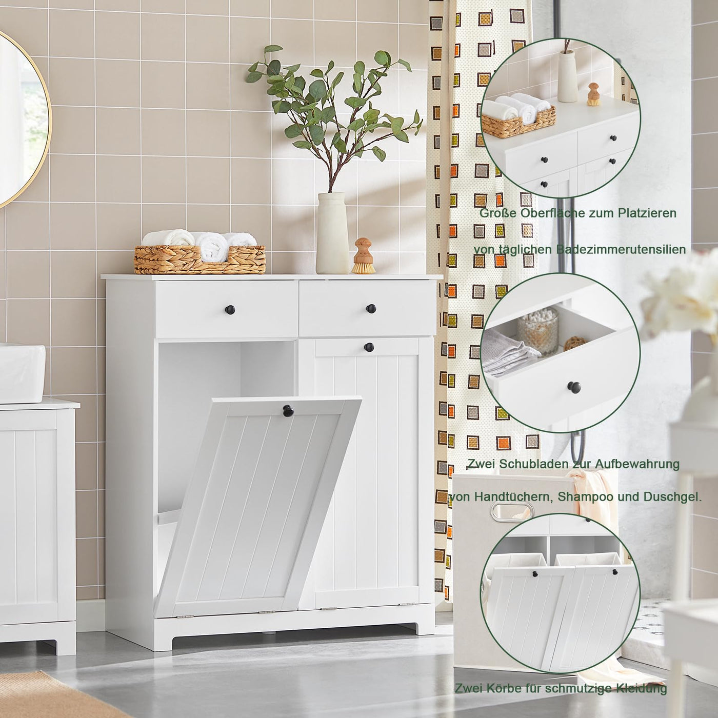 SoBuy BZR33-W Wäscheschrank mit 2 ausklappbaren Wäschesäcken Wäschetruhe Wäschesammler mit 2 Schubladen Wäschekorb Badschrank Badmöbel weiß BHT ca: 78x90x38cm