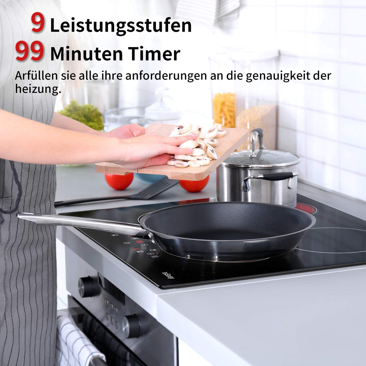 IsEasy Glaskeramikkochfeld, 6000W 59cm, 4 Kochzonen Kochfelder, Verdrahtung, Einbau Elektro Autark Rahmenlos, 9 Heizstufen, Passend für die Meisten Töpfe